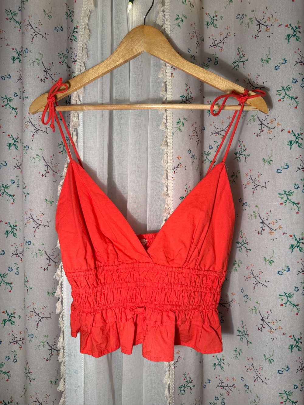 Tie-Shoulder Red Smocked Peplum Tank Top